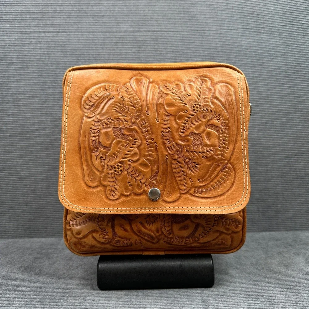 Vintage Hand Tooled Leather Duffel Bag Tan Floral Western Travel Weekender Bag